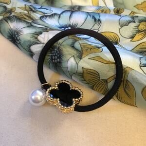 Black & Matte Gold Flower & Pearl  Hair Tie